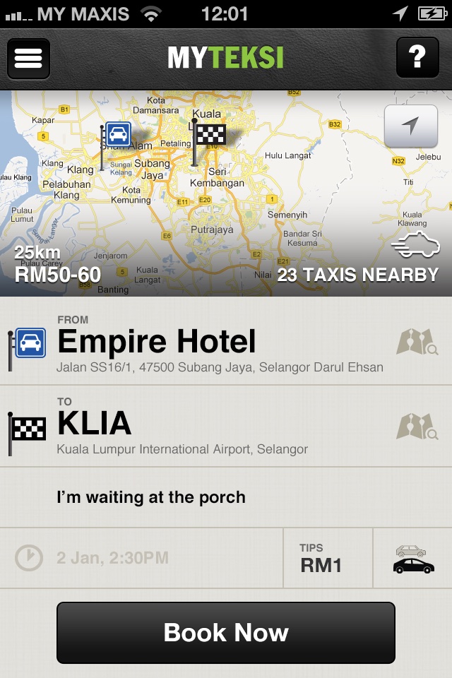 Finished iPhone booking screen: map with 23 taxis nearby, pickup at Empire Hotel, drop-off at KLIA, Book Now button