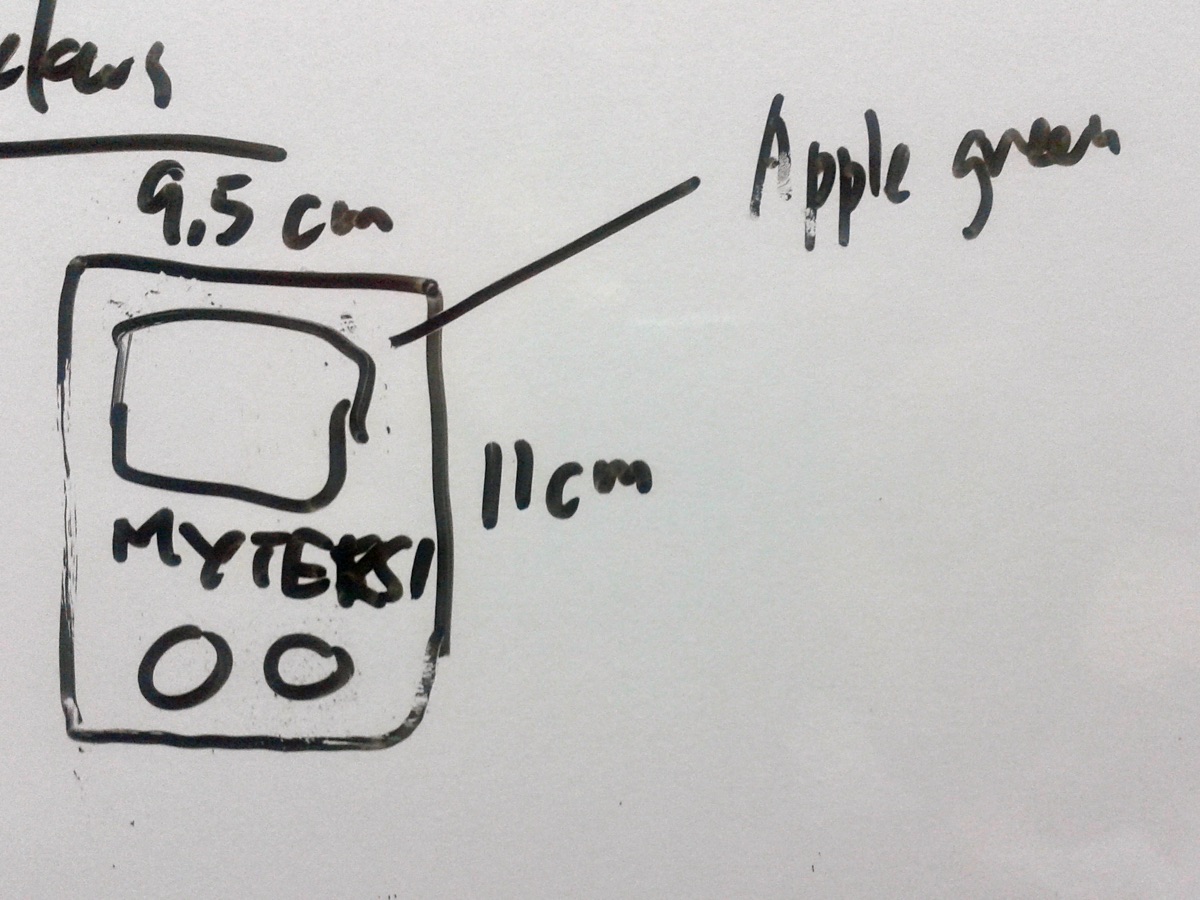 Whiteboard sketch of a 9.5 by 11 cm MyTeksi car sticker in apple green