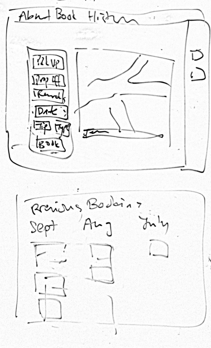 Sketch of the Windows 8 app: a booking panel beside a map, and previous bookings grouped by month